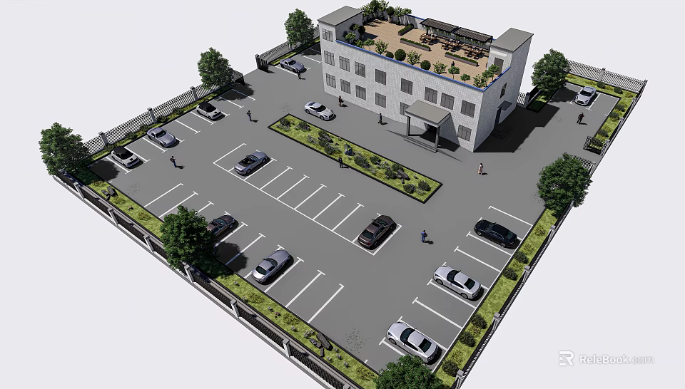 Modern Office Building With Spacious Parking Lot Surrounding Trees And Roof Garden 3d model 