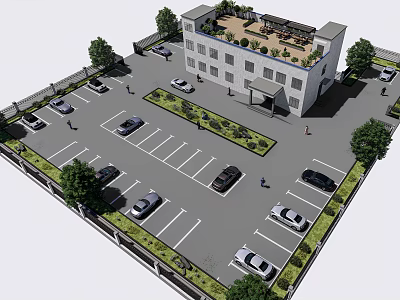 Modern Office Building With Spacious Parking Lot Surrounding Trees And Roof Garden 3d model