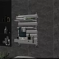 White Wall Mounted Bathroom Cabinet Rack With Towels And Bottles On Marble Wall
