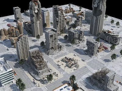 Collapsed Building Structures In Urban Ruins With High Rise Remains And Street Trees 3d model