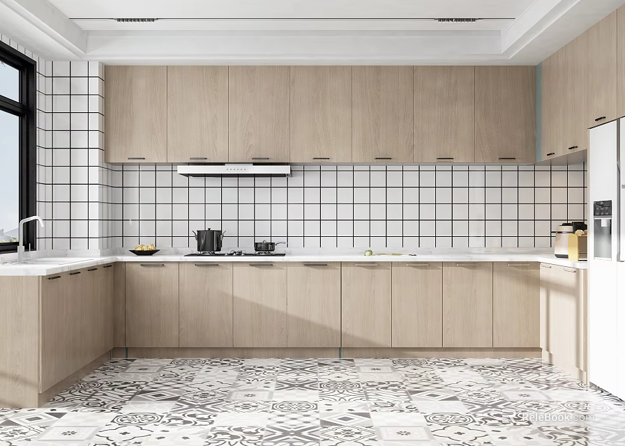 Modern Open Concept Kitchen Interior With Light Cabinets White Tiled Backsplash And Patterned Floor 3d model 