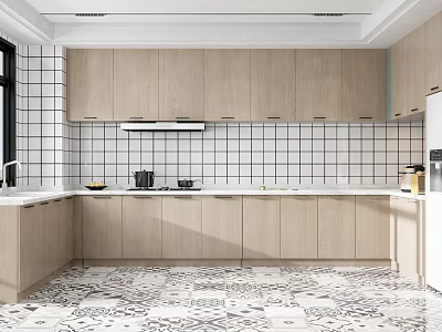 Modern Open Concept Kitchen Interior With Light Cabinets White Tiled Backsplash And Patterned Floor 3d model
