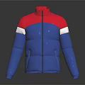 Red And Blue Puffer Jacket With White Stripes Stand Collar Zipper Design Winter Outerwear