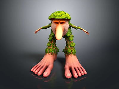 Green Plant Covered Forest Creature With Long Nose And Large Feet 3d model