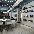 Modern Public Office Space With Geometric Ceiling Lighting Workstations And Decorative Shelves 3d model