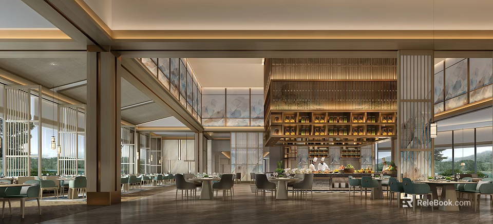 Elegant Modern Restaurant Interior With Dining Tables Chairs And Wine Shelf 3d model 