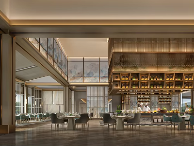 Elegant Modern Restaurant Interior With Dining Tables Chairs And Wine Shelf 3d model