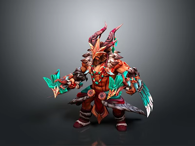 Mythical Warrior Character With Ornate Armor Horned Headdress And Decorative Weapons 3d model
