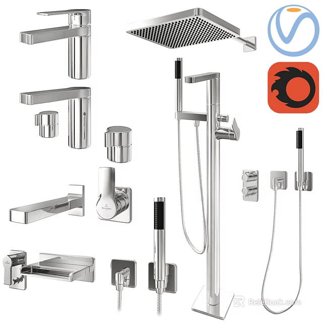 Modern Chrome Faucet Collection With Shower System And Bathroom Fixtures 3d model 