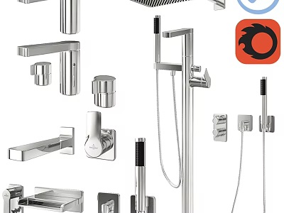 Modern Chrome Faucet Collection With Shower System And Bathroom Fixtures 3d model
