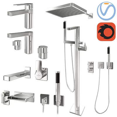 Modern Chrome Faucet Collection With Shower System And Bathroom Fixtures 3d model