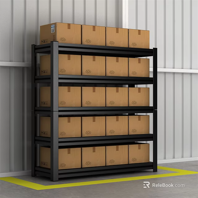 Industrial Display Rack with Stacked Cardboard Boxes in Warehouse Storage Setting 3d model 