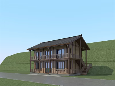 Two Story Wooden House With Black Roof Balcony And Green Grassland Under Blue Sky 3d model