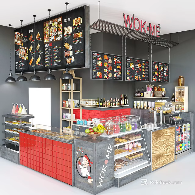 Vibrant Restaurant Interior With Hanging Menu Boards Red Tile Counter And Food Display Cases 3d model 