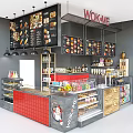 Vibrant Restaurant Interior With Hanging Menu Boards Red Tile Counter And Food Display Cases