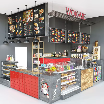 Vibrant Restaurant Interior With Hanging Menu Boards Red Tile Counter And Food Display Cases 3d model
