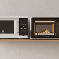 Modern Kitchen Appliances With Microwave And Oven On Wooden Shelf Light Wall