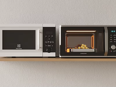 Modern Kitchen Appliances With Microwave And Oven On Wooden Shelf Light Wall 3d model