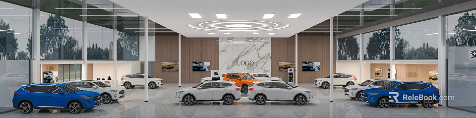 Modern Car Showroom Interior With Wooden Walls Marble Logo Wall Display Screens And Ceiling Lights 3d model 