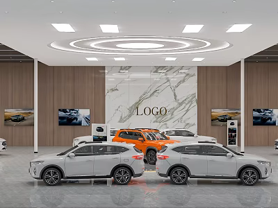 Modern Car Showroom Interior With Wooden Walls Marble Logo Wall Display Screens And Ceiling Lights 3d model