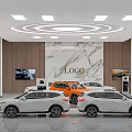 Modern Car Showroom Interior With Wooden Walls Marble Logo Wall Display Screens And Ceiling Lights