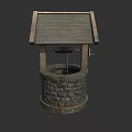 Rustic Garden Ornament Well Structure With Wooden Roof Stone Base And Hanging Bucket Chain