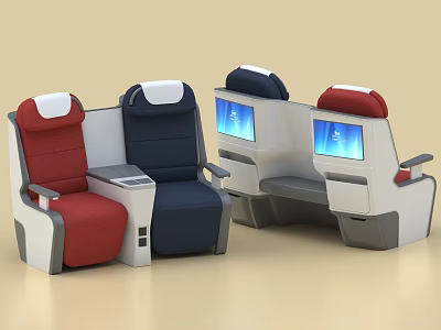 Modern Airplane Passenger Seats With Red Blue White Gray Colors And Entertainment Screens 3d model
