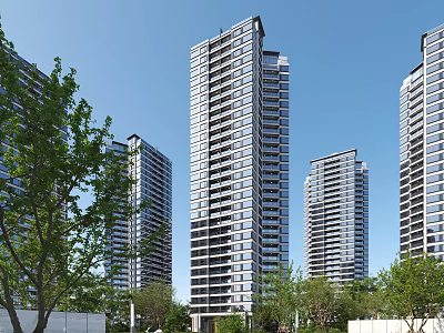 Modern High Rise Residential Buildings Surrounded by Green Trees Under Clear Blue Sky 3d model