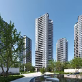 Modern High Rise Residential Buildings Surrounded by Green Trees Under Clear Blue Sky