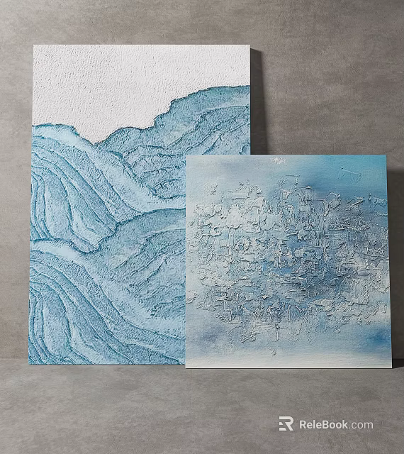 Abstract Blue And White Textured Paintings With Wave And Abstract Patterns 3d model 