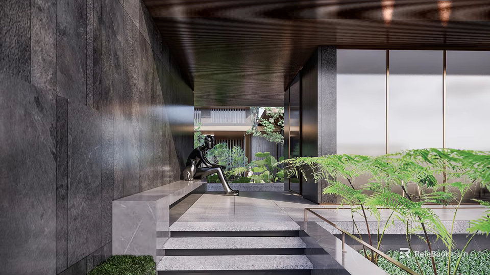 Modern Residential Landscape Entrance Featuring Stone Steps Sculpture And Lush Green Plants 3d model 