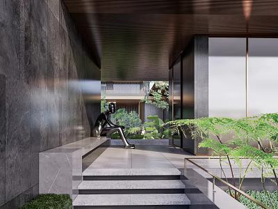 Modern Residential Landscape Entrance Featuring Stone Steps Sculpture And Lush Green Plants 3d model