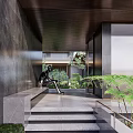 Modern Residential Landscape Entrance Featuring Stone Steps Sculpture And Lush Green Plants