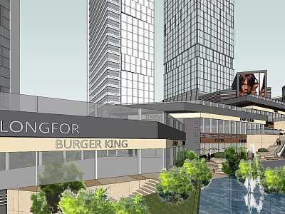 Longfor Commercial Complex with Tall Buildings Burger King Restaurant Green Plants and Fountain 3d model