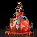 Alibaba Themed Red Spiral Display Installation With Rabbit Figure Orange Decorations And Lights