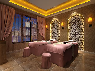 Luxurious SPA Sauna Interior With Two Massage Beds Pink Sheets Arched Walls And Wall Lamps 3d model