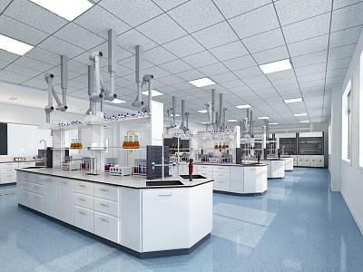 Modern Laboratory Design with Lab Benches Cabinets Fume Hoods and Blue Flooring 3d model
