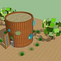 Circular Wooden Building With Round Windows Open Door Green Plants Sandy Ground And Blue Sky
