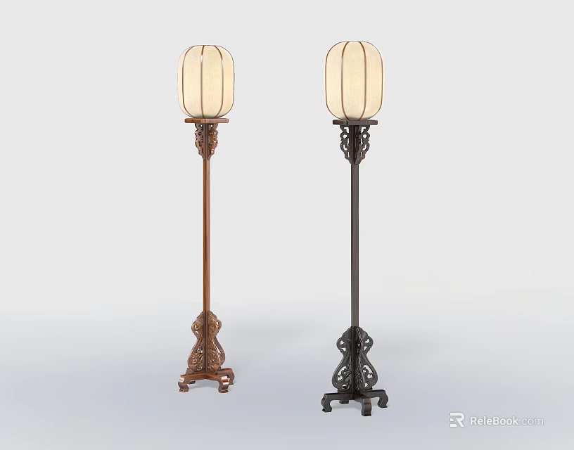 Two Classic Floor Lamps With Carved Base Different Colors And White Lampshade 3d model 