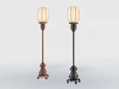 Two Classic Floor Lamps With Carved Base Different Colors And White Lampshade 3d model