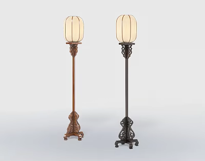 Two Classic Floor Lamps With Carved Base Different Colors And White Lampshade 3d model