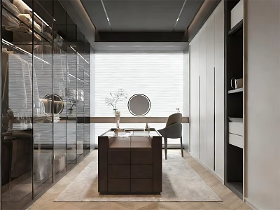 Modern Walk in Closet Interior With Glass Door Cabinets Dressing Table And Accent Chair 3d model