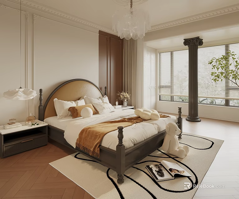 Elegant Bedroom Interior With Dark Headboard Bed Nightstand Table Lamp Window And Rug 3d model 