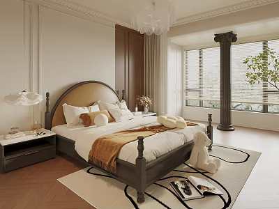 Elegant Bedroom Interior With Dark Headboard Bed Nightstand Table Lamp Window And Rug 3d model