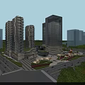 Modern Commercial Complex Featuring High Rise Buildings Open Plaza Greenery and Traffic Roads
