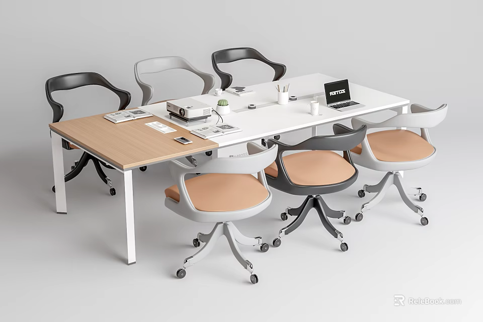 Modern Conference Table Setup With Ergonomic Chairs Laptop Documents And Potted Plant 3d model 