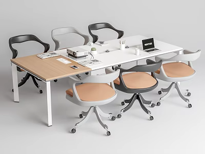 Modern Conference Table Setup With Ergonomic Chairs Laptop Documents And Potted Plant 3d model