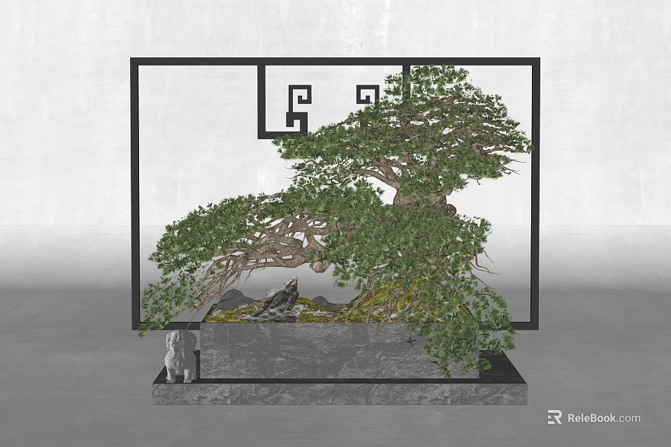 Bonsai Tree In Black Frame With Chinese Fretwork Design Green Foliage On Stone Base 3d model 