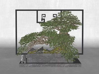 Bonsai Tree In Black Frame With Chinese Fretwork Design Green Foliage On Stone Base 3d model