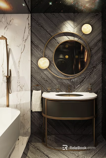 Modern Bathroom Vanity With White Marble Countertop Round Gold Frame Mirror And Dark Wood Wall 3d model 